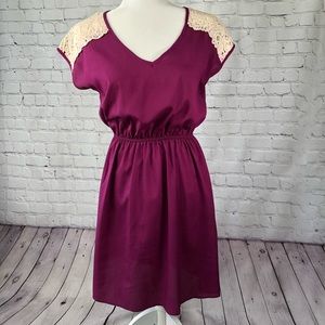 October Sky, magenta, crochet lace shoulder dress